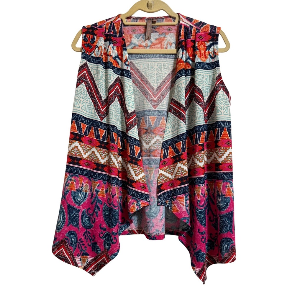 Brina & Em Womens Southwestern Paisley Draped Open Front Vest Pink Medium